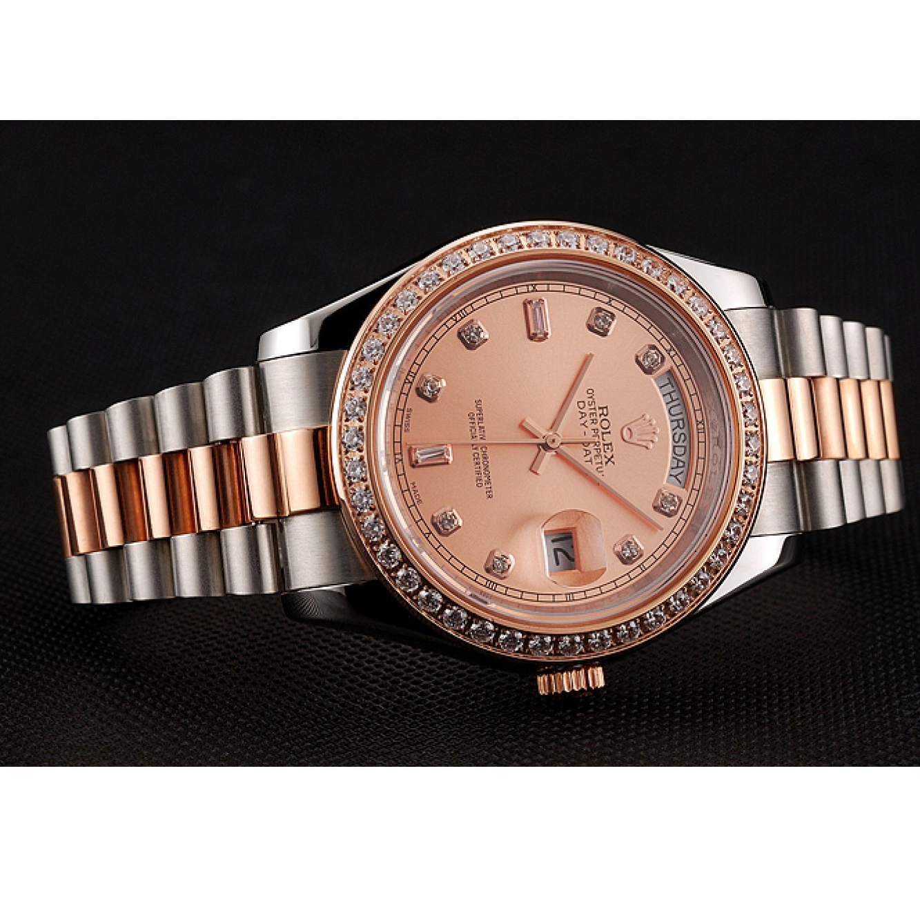 Aaa replica watch Steel Rolex Swiss Gold Bracelet 1454107 Day-Date Diamonds Rose And Staineless Bezel 0519